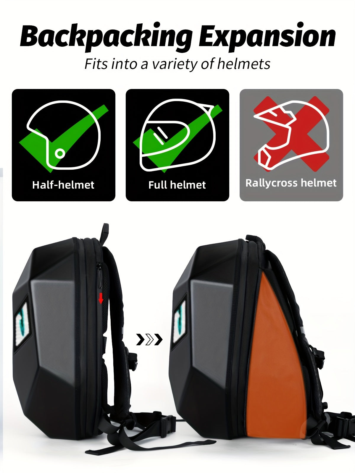 Gelrova Knight LED Motorcycle Backpack With Eye, Hard Case Riding Helmet Backpack Motorbike Laptop Bag, Large Size 19inch, USB Powered Gear (Power Bank Not Included), Black