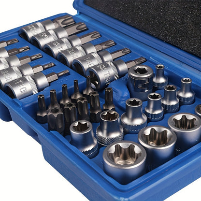 Set of 34 Torx Bit Sockets And E-Torx Sockets for 1/4", 3/8", And 1/2" Drives, Including Both Male And Female E-Torx Security Bits, Designed for Handheld Use