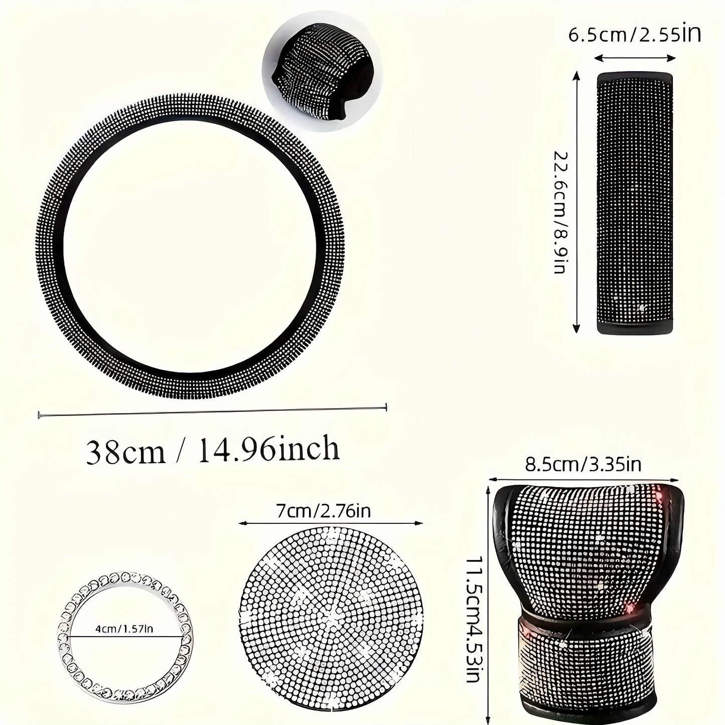 Set of 8 Sparkly Car Additions for Women, Including a Glittery Steering Wheel Cover, Shiny Car Coasters, Belt Shoulder Pads, Ring Emblem Sticker, And Gear Shift Cover