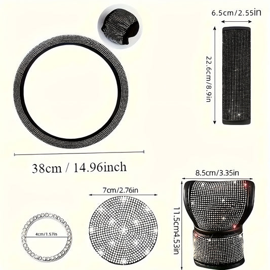 Set of 8 Sparkly Car Additions for Women, Including a Glittery Steering Wheel Cover, Shiny Car Coasters, Belt Shoulder Pads, Ring Emblem Sticker, And Gear Shift Cover