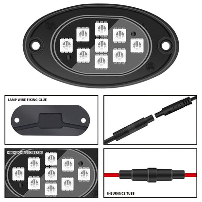 RGB LED Rock Lights With App/Remote Control & Timing & Music Mode Rock Lights For Trucks, Rock Light Kits For ATV RZR UTV SUV Off Road Motorcycle, Without Battery