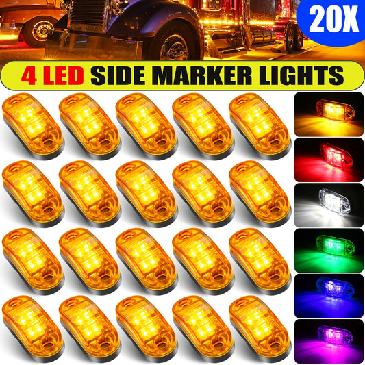 20-Pcs LED Side Marker Light- 4-LED Design, 12-24V Dual Voltage, Hardwired Installation, Suitable for RVs, Buses, Trucks, Trailers Caravans - Amber/ Red/ White Options, Without Battery