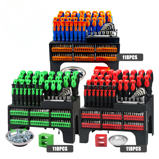 118pcs Magnetic Screwdriver Set with Plastic Organizer, Includes Precision, Slotted, Phillips, Hex, Pozidriv, Torx Screwdriver Set And Magnetizer Demagnetizer DIY Tools - Perfect Tools Gift for Men (Green/Red/Blue/Orange&Blue)