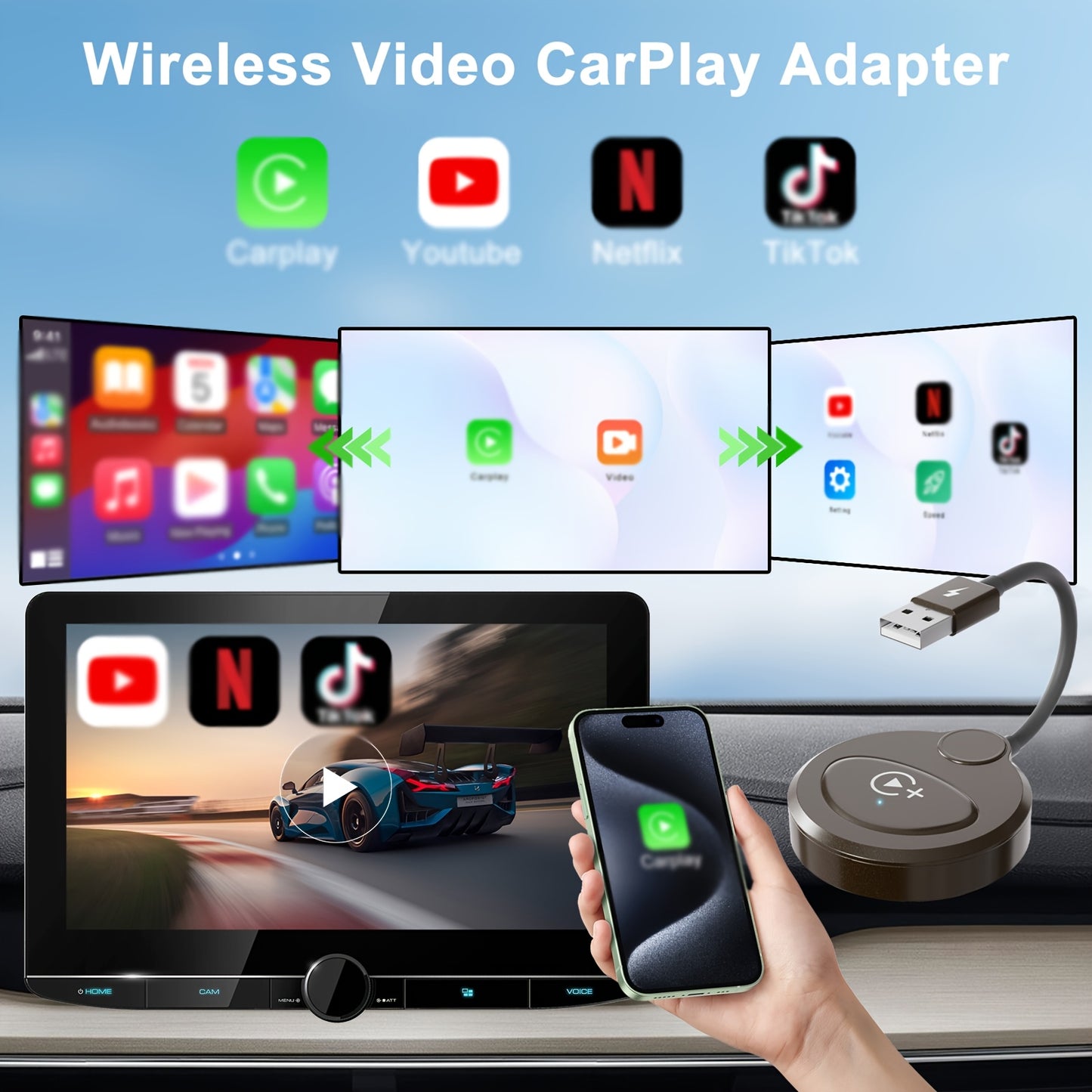 Wireless Carplay Adapter, 2.4G Wireless And 5Ghz Wifi Dual Band, Supports Netflix, Youtube, And Streaming, for OEM Wired Carplay to Wireless Adapter, for 2016 And Above Cars And Ios 10+ Phones