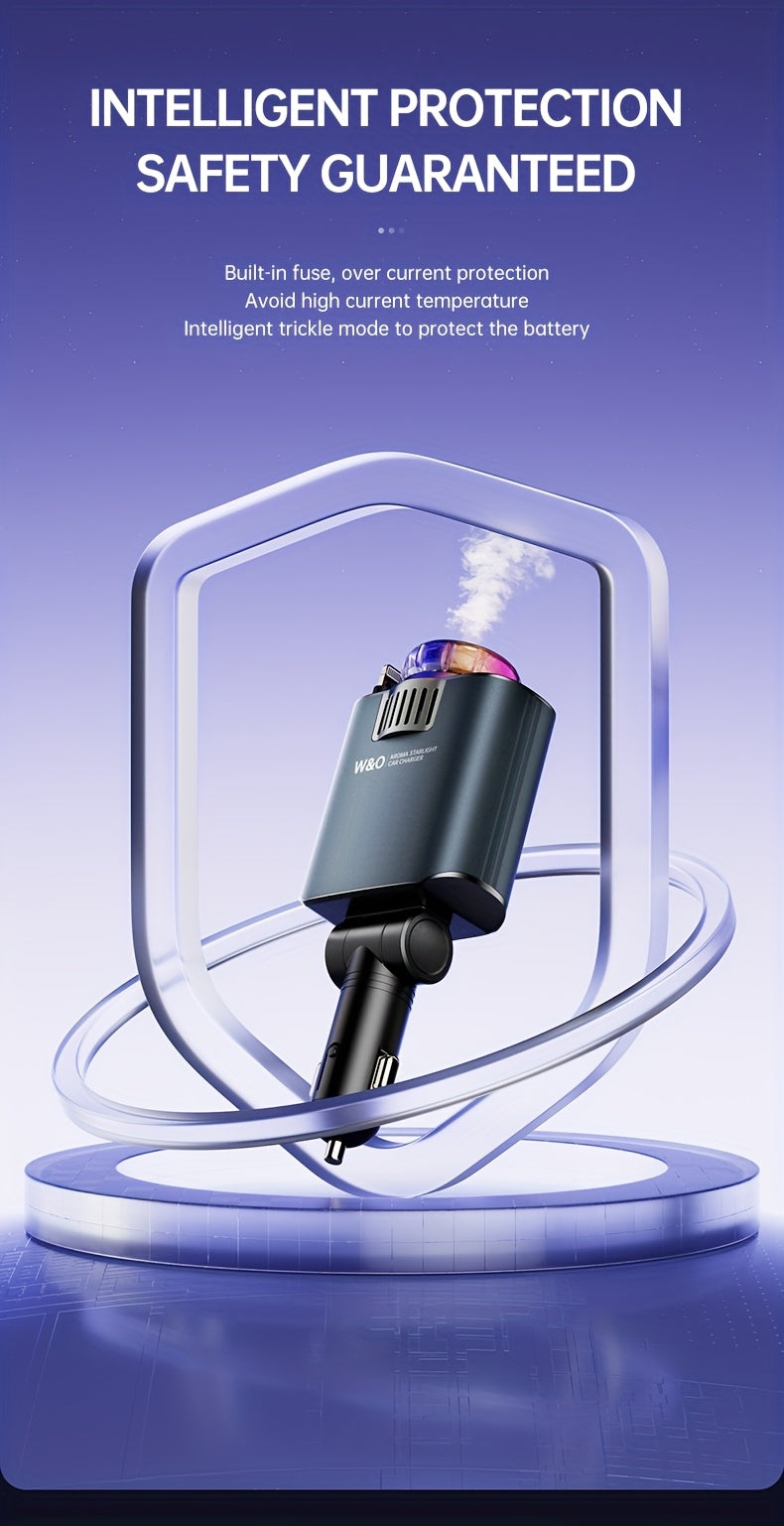 Three-In-One Multifunctional Car Charger, Perfume Machine, Starry Sky Ceiling Light, Dual 80cm/32inch Type-C+Lightning Retractable Cable, Air Freshener, Adapter For IPhone 16/15/Plus/Pro Max, For S25/24, Great Christmas Birthday Gift.