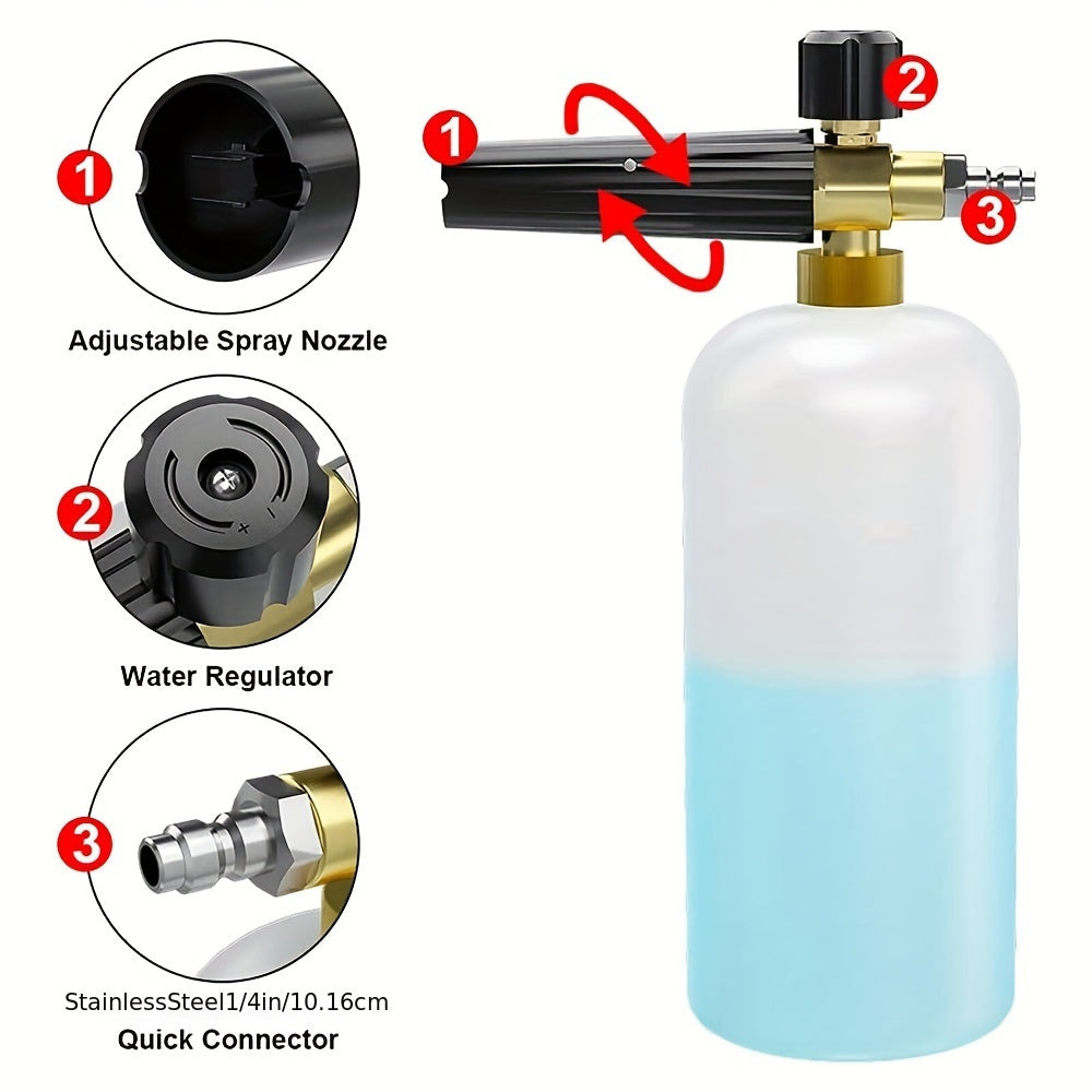 High Pressure Car Wash Foam Gun, M22-14 Thread, Heavy Duty Brass Neck with O-Ring Leak-Proof, 33.81oz Bottle, Multi-One Nozzle, Including Microfiber Washing Gloves, Easy to Connect for Quick Cleaning