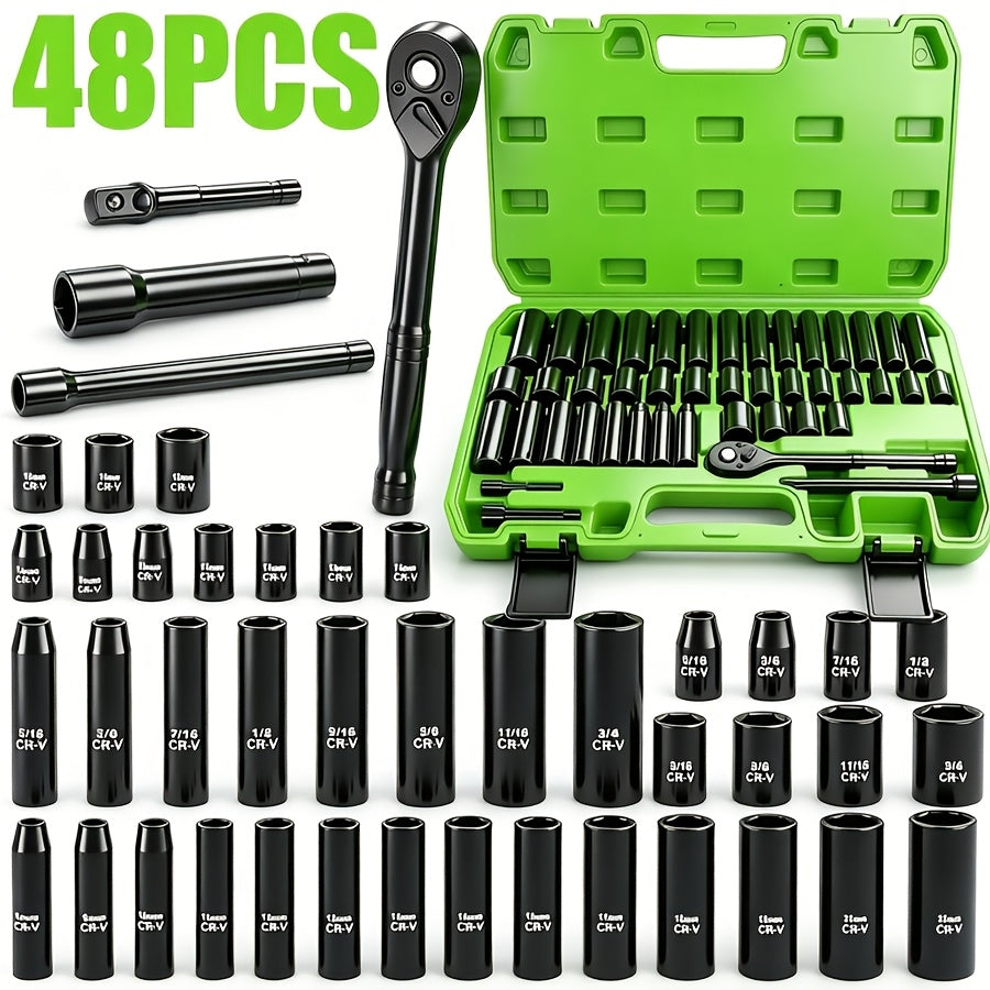 [48pcs Tool Set] Socket Wrench Set, 48pcs Tool Set - 1/2-inch Sockets, 46/51/129pcs with 1/4-inch Ratchet Wrenches, Including Extension Rods, Universal Slide Rail Extension Tubes, Containing 72-tooth Ratchet Wrenches, Suitable for Automotive Repair And Ho