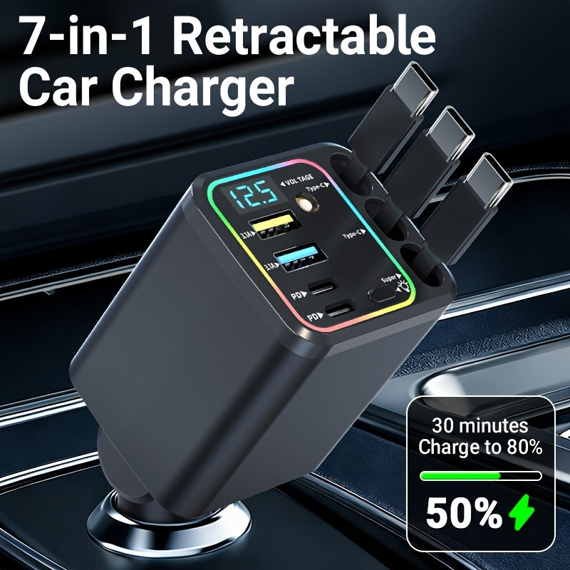 7-in-1 Car Fast Charging Mobile Phone Charger | Upgraded Color Light, 3 Extendable Cables, Fast Charging Interface, 180° Free Adjustment Angle, LED Intelligent Digital Display Screen, USB Connector, Universally Applicable, Without Battery