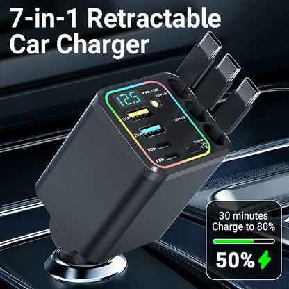 7-in-1 Car Fast Charging Mobile Phone Charger | Upgraded Color Light, 3 Extendable Cables, Fast Charging Interface, 180° Free Adjustment Angle, LED Intelligent Digital Display Screen, USB Connector, Universally Applicable, Without Battery