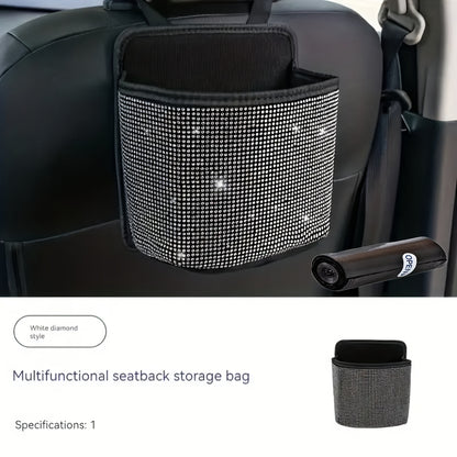 2pcs/set Sparkling Bling Rhinestones Car Trash Can+1pc Trash Bag- Durable & Convenient Hanging Storage Bag For Seat Back - Multifunctional, Space-Saving Car Interior Accessory, Premium Quality