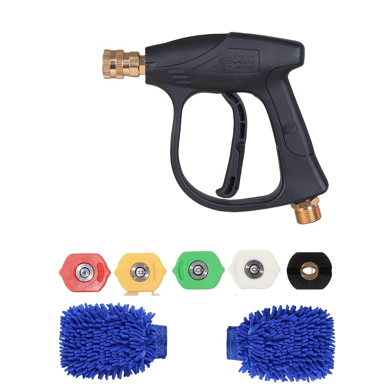 High Pressure Car Wash Foam Gun, M22-14 Thread, Heavy Duty Brass Neck with O-Ring Leak-Proof, 33.81oz Bottle, Multi-One Nozzle, Including Microfiber Washing Gloves, Easy to Connect for Quick Cleaning