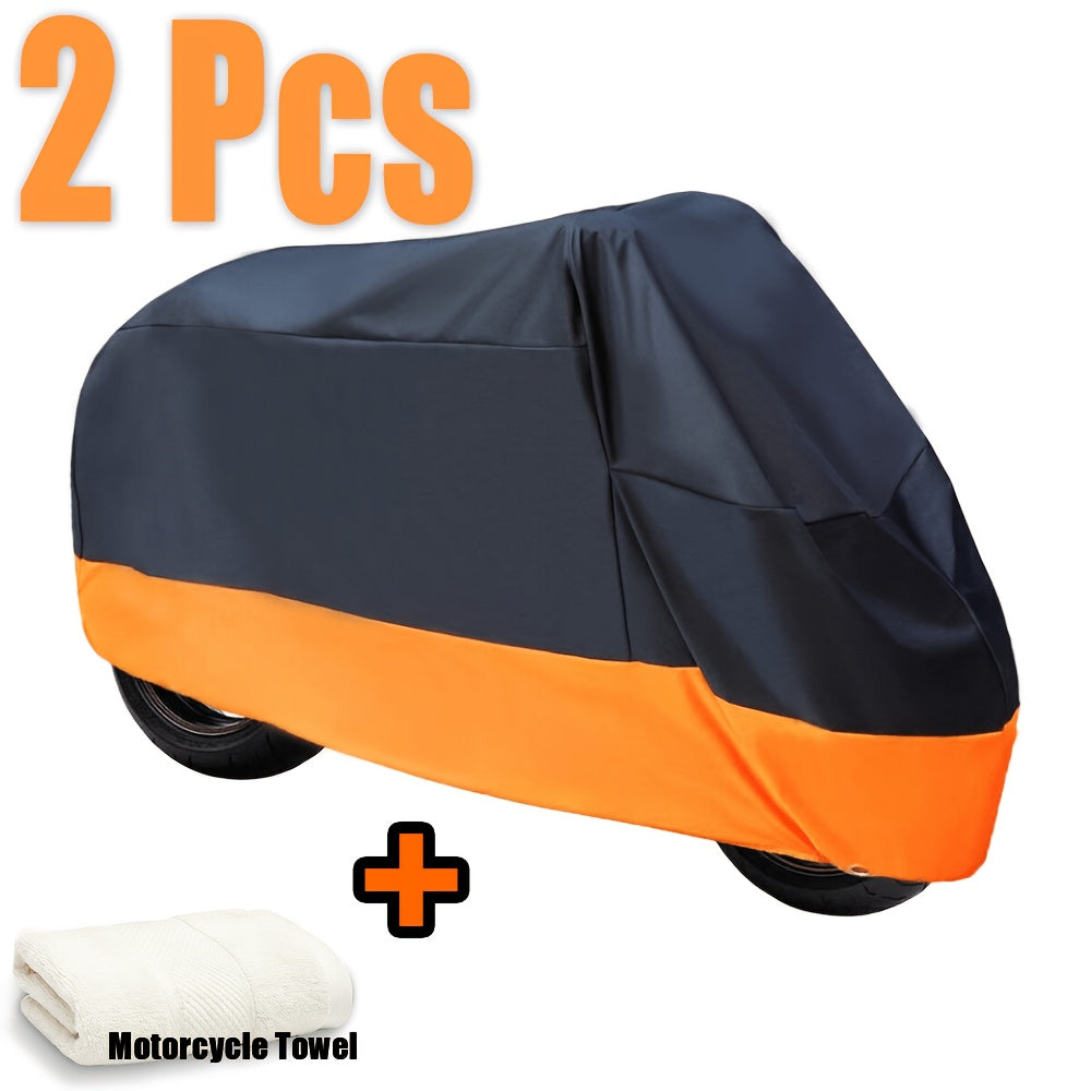 Motorcycle Cover 3XL Waterproof UV Protection – 190T Tear-Resistant Fabric, Lock Holes, Outdoor Storage Cover + Towel Set, Black & Orange