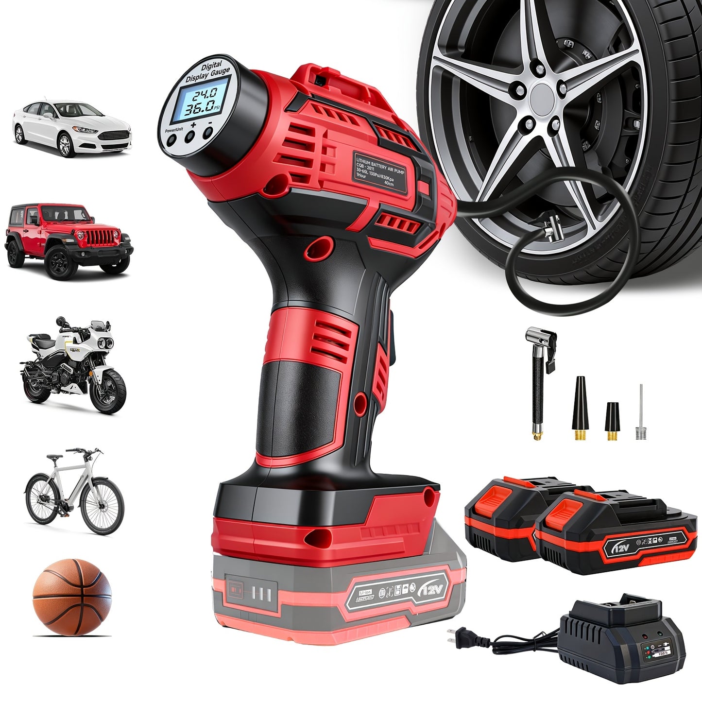 20V Portable Air Compressor, 980kPa Tire Inflator with Digital Display, Powered by NO/One/Two 1500mAh Rechargeable Battery, Includes 12V Car Adapter & Mini USB Connector, for Cars, Motorcycles, Bicycles, and Sports Balls