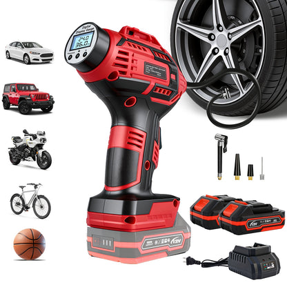 20V Portable Air Compressor, 980kPa Tire Inflator with Digital Display, Powered by NO/One/Two 1500mAh Rechargeable Battery, Includes 12V Car Adapter & Mini USB Connector, for Cars, Motorcycles, Bicycles, and Sports Balls