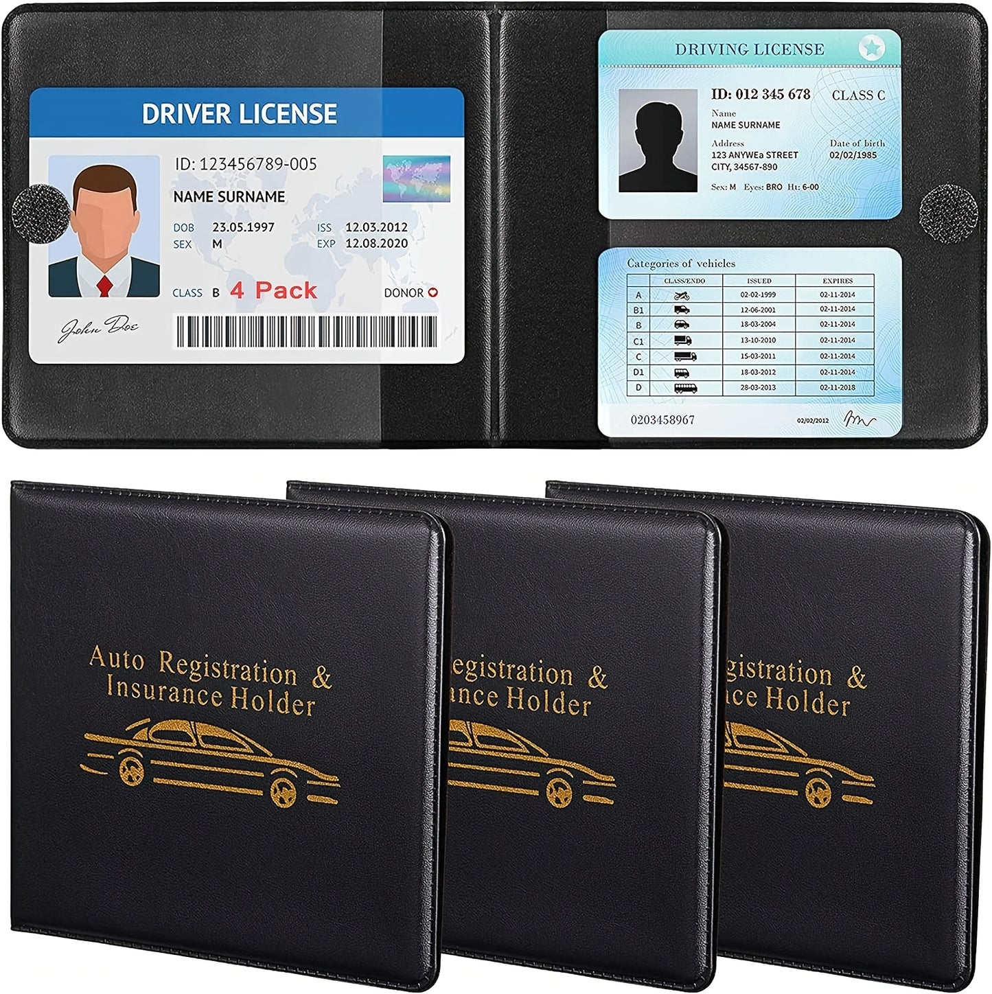 Car Insurance Registration & Driver License Holder – Multi-Slot Vehicle Document Organizer for Car Truck Motorcycle Trailer, Black, 1pc & 2-Pack