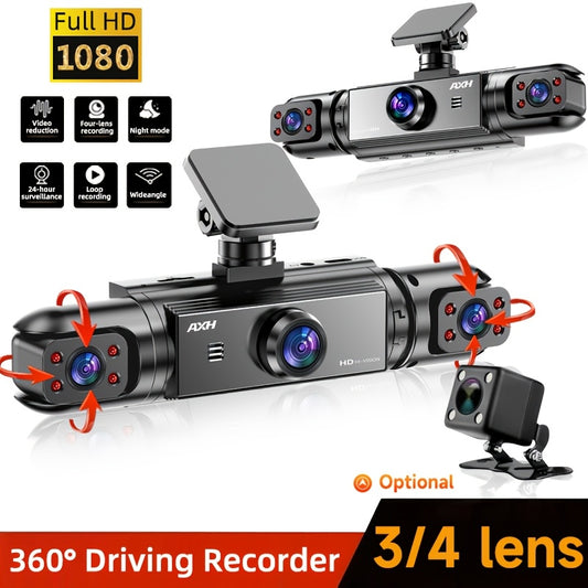 AXH 360° Panoramic 3/4 Lens Channel 1080P HD Ultimate Safety Dash Cam Set, 1080P Front and 720P Full Coverage Front, Rear, Left, and Right, Quad-Split Screen Display, HD Night Vision, WDR, G-Sensor, Loop Recording - Car Accessories/Car Dash