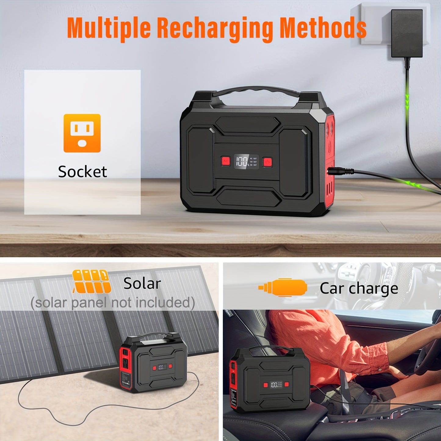 100W/300W Portable Power Station Solar Generator, (Solar Panel Optional), High Capacity Battery Pack, With 2*AC Outlet, DC, USB Port, LED Light, Extra Battery Power Supply For Outdoor Camping, Hiking, Road Trip, CPAP, Fan, Hurricane Emergency, Gift