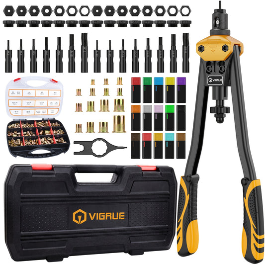 VIGRUE 16-Inch Rivet Nut Tool Kit Includes a Hand Tool Set with 15 Metric And Inch Mandrels Ranging from M3 to M12 And 6-32 to 1/2-13, Along with a Selection of 300 Metric And SAE Rivet Nuts