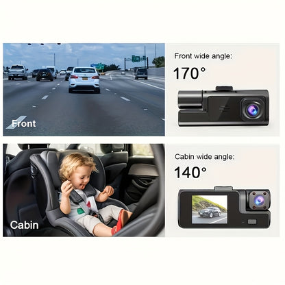 1080P Triple Camera Dash Cam, Car Camera with IR Night Vision, 170° Wide Angle Car DVR Camera, 16GB/32GB TF Card Optional, Loop Recording, G-Sensor | 2-Inch IPS Screen Dual Lens Car Dashboard Video Cam, 24H Parking Mode, Christmas Gift