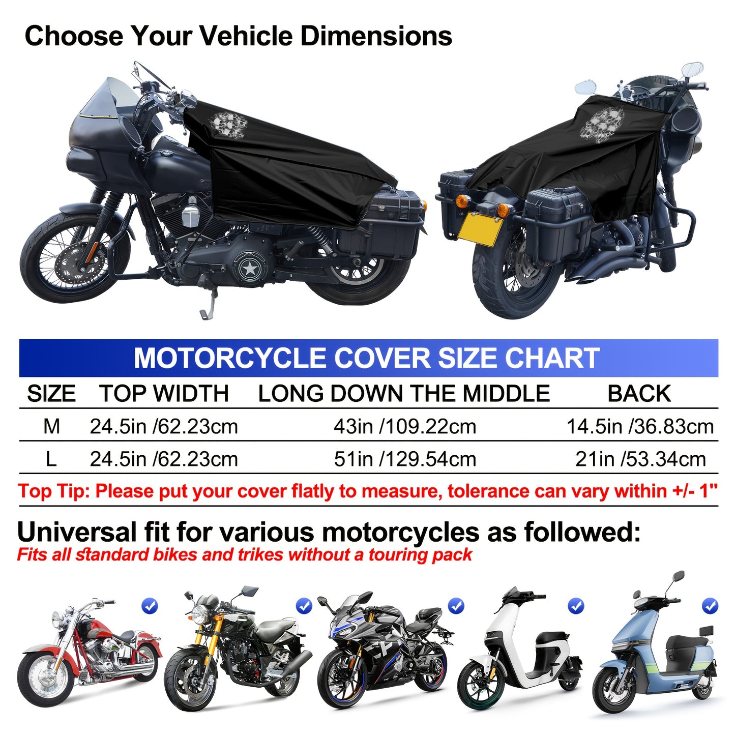 Motorcycle Seat Cover for Most Touring/Full Dress Touring/Cruiser, 300D Oxford Cloth Extra Large Motorcycle Half Cover for Outdoor Rain Snow Dust Protection, with Storage Bag