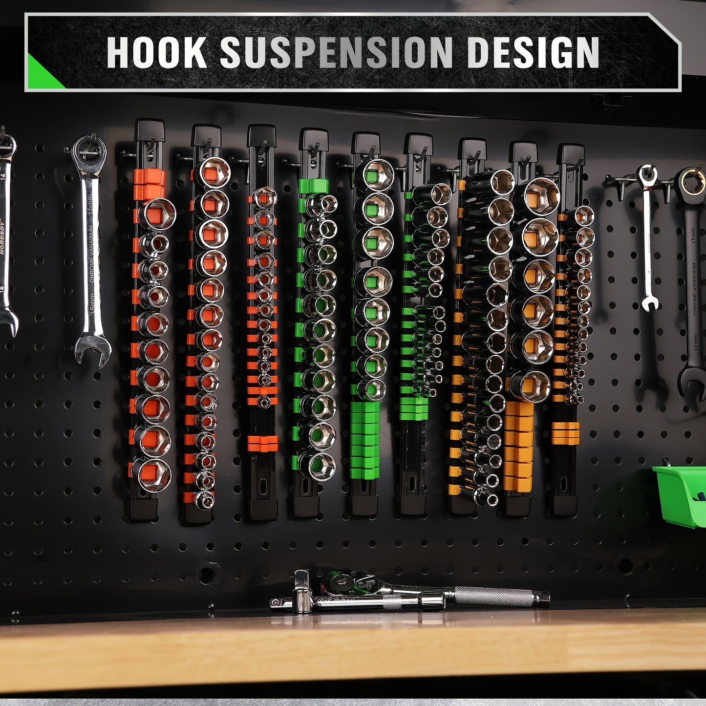 [Heavy Duty, Socket Organizer] HORUSDY 9pcs Heavy Duty ABS Socket Organizer | 1/2 inch, 3/8 inch & 1/4 inch Drive Socket Rail Holders with Red Blue Black Clips - Includes 9 Extra Clips