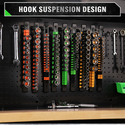 [Heavy Duty, Socket Organizer] HORUSDY 9pcs Heavy Duty ABS Socket Organizer | 1/2 inch, 3/8 inch & 1/4 inch Drive Socket Rail Holders with Red Blue Black Clips - Includes 9 Extra Clips