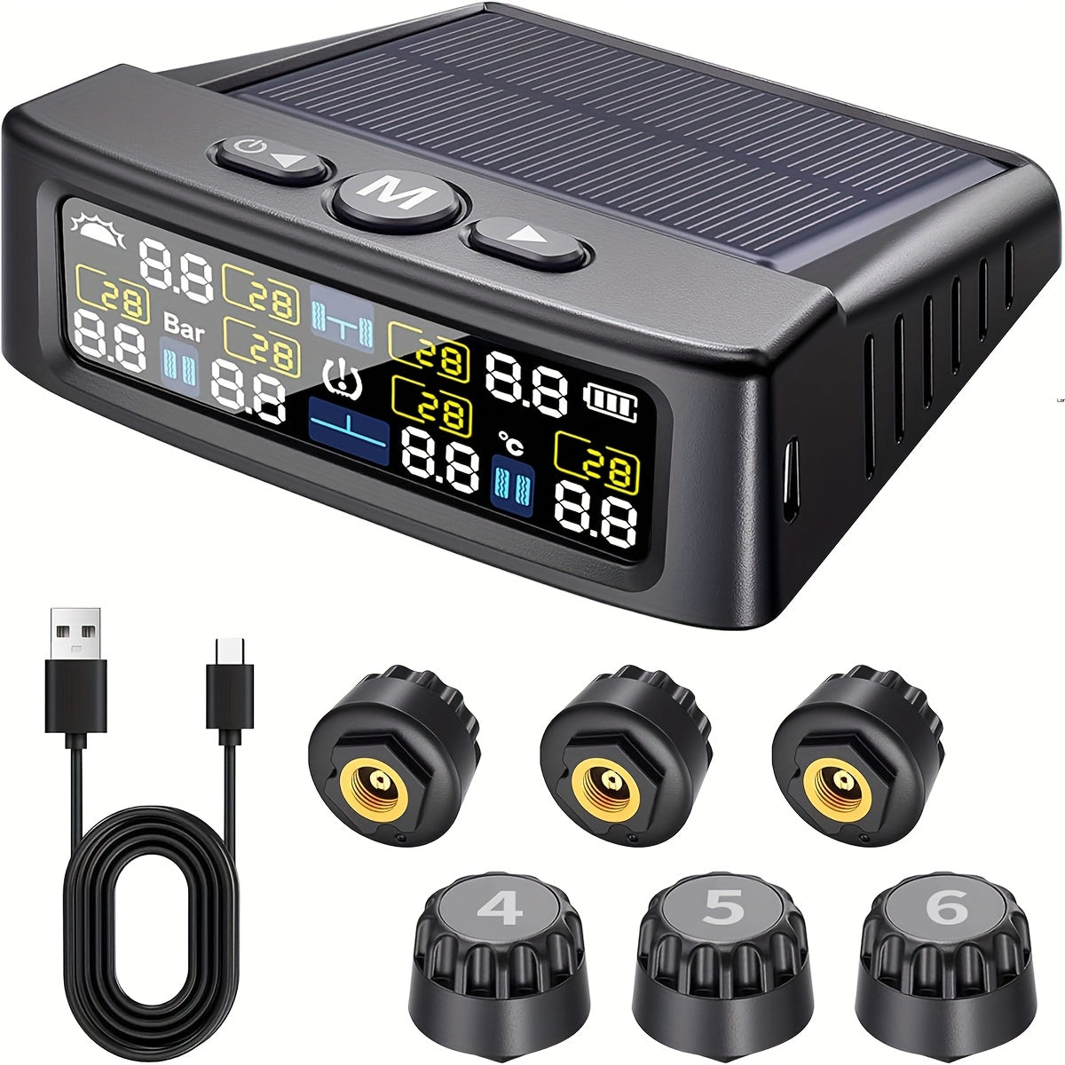 6-Wheel Tire Pressure Monitoring System, Solar Charging Tire Pressure Monitor, with 6 Sensors And 6 Alarm Modes, Real-Time Data Display Suitable for Trucks, Suvs, Vehicles, Enhanced Safety, Host solely Receives