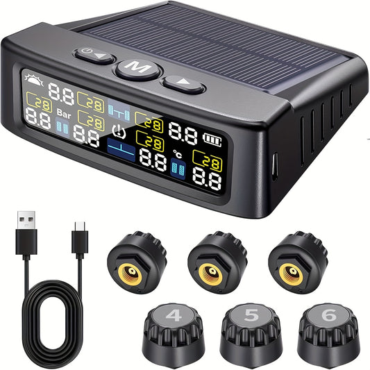 6-Wheel Tire Pressure Monitoring System, Solar Charging Tire Pressure Monitor, with 6 Sensors And 6 Alarm Modes, Real-Time Data Display Suitable for Trucks, Suvs, Vehicles, Enhanced Safety, Host solely Receives