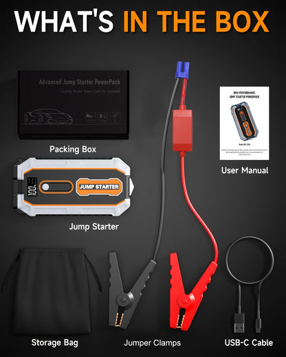 6000A Peak All-in-One Heavy-Duty Jump Starter with USB Ports & LED Flashlight - 12V Lithium-Ion Fast-Charging Portable Power Bank, Compact & Portable with Safety Hammer, 12V for Cars, SUVs, Trucks, Motorcycles, Boats, RVs, ATVs, Emergency Use