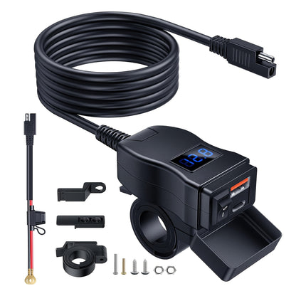 Motorcycle USB Charger Dual Port USB-C PD 20W + QC 3.0 18W Fast Charging with LED Voltmeter ON/OFF Switch SAE Connector 12-24V for Phone Tablet GPS