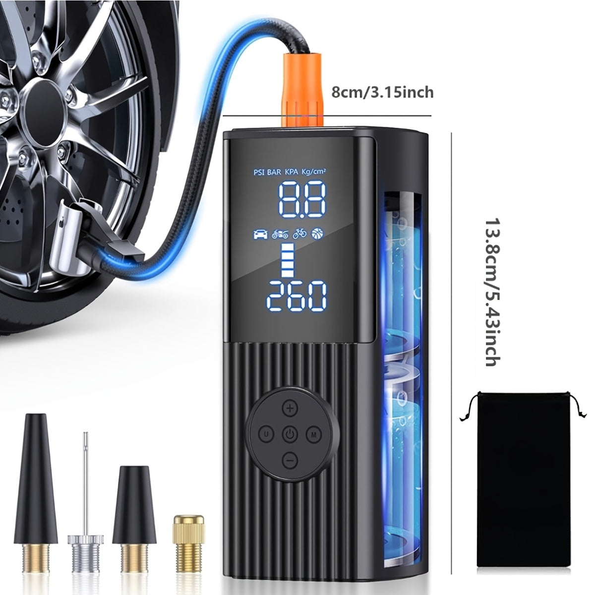 Portable Tire Inflator with Digital Pressure Gauge, Car Tire Pump, 210 PSI, 22 Cylinders, Rechargeable Battery, LED Light, Cordless Air Pump, Wireless Bicycle Tire Pump, Suitable for Cars, Motorcycles, Bicycles, Balls, Etc., New