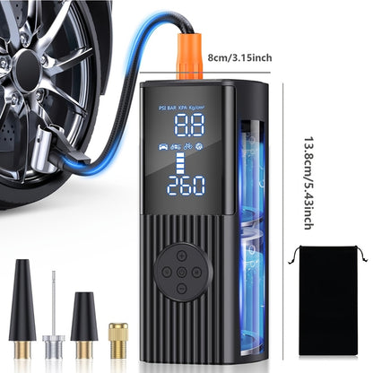 Portable Tire Inflator with Digital Pressure Gauge, Car Tire Pump, 210 PSI, 22 Cylinders, Rechargeable Battery, LED Light, Cordless Air Pump, Wireless Bicycle Tire Pump, Suitable for Cars, Motorcycles, Bicycles, Balls, Etc., New
