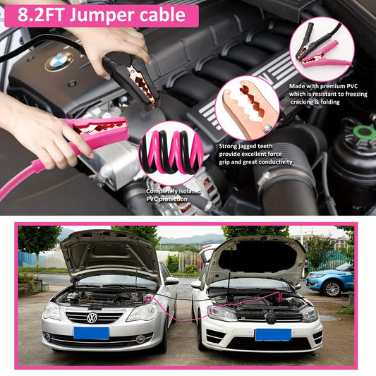 Pink Car Roadside Emergency Kit Assistance Emergency Kit with Jumper Cables Auto Tool Set Deer Whistles Winter Car Safety Roadside Assist Kit, Without Battery