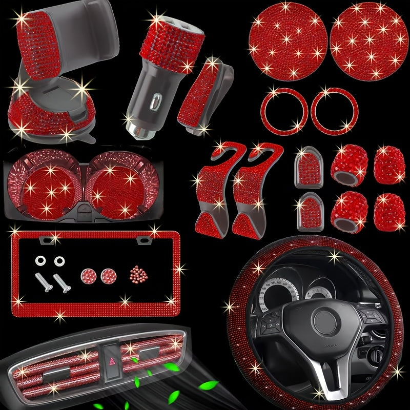 27pcs Bling Car Accessories Set for Women, Bling Steering Wheel Covers Universal Fit 15 Inch, Bling Car Coasters, Bling License Plate Frame, Car Phone Holder