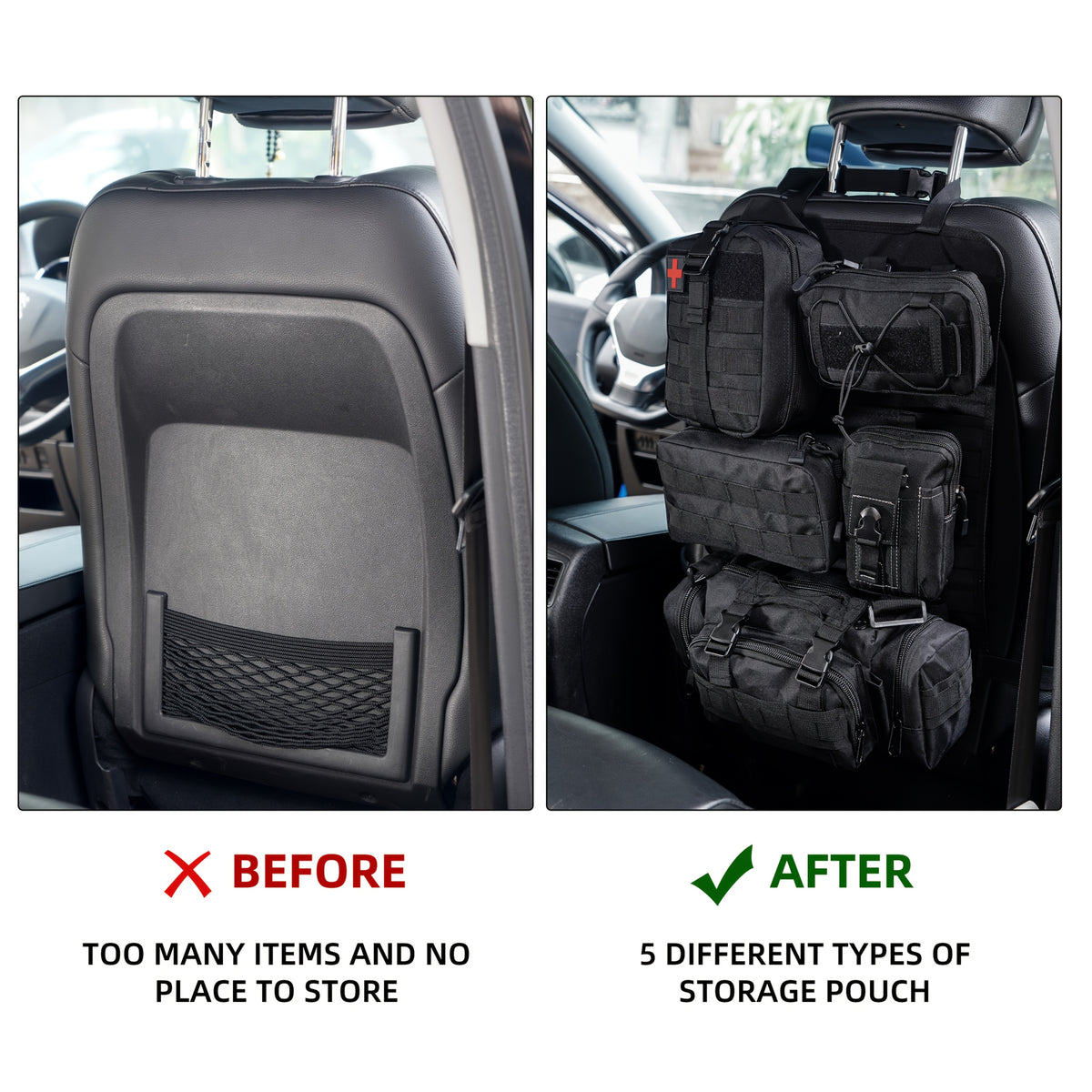 MOLLE Tactical Car Seat Organizer 5-Pocket – Heavy-Duty Nylon Seat Back Storage Bag | Universal Fit Jeep Truck SUV Off-Road Black