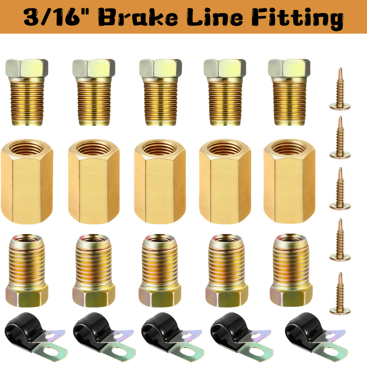 Brake Line Fittings Assortment – 3/16" 1/4" 5/16" 3/8" Tube, Inverted Flare Union Connectors, Multiple Thread Sizes with Hose Clamps