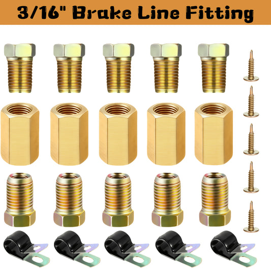 Brake Line Fittings Assortment for 3/16"or1/4"or5/16"or3/8"Tube, 3/8-24 Or 7/16-24 Threads Or M10x1.0 Inverted Or 1/2-20 Or 5/8-18 Threadswith Hose Clamps And Screws for Automotive Brake Line Systems