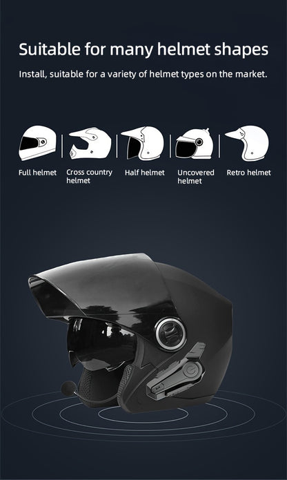 The Wireless Intercom Headset for Motorcycle Helmets Supports Real-Time Communication for Two People And Is, Compatible with Full-Face, Three-Quarter, And Open-Face Helmets.
