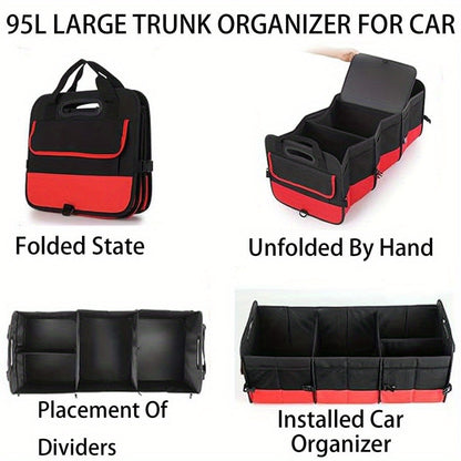Foldable 25.1gal Car Trunk Organizer | Multi-Compartment Storage with 4 Compartments and 2 Retractable Straps, Ideal for Travel, Camping, Shopping, Fits SUVs, Trucks, Minivans