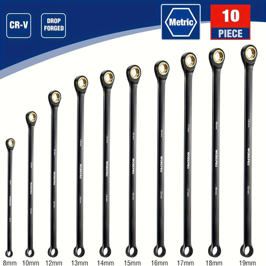 WORKPRO Extra Long Ratcheting Wrench Set, 10pcs Anti-Slip Double Box Wrenches Set, Metric 8-19mm, 72-Teeth, Cr-V Steel And Black Electrophoretic Coating Wrenches with Rolling Pouch