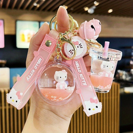 2D Flat, Cute KT Cat Quicksand Keychain Female Creative Cartoon Doll Student School Bag Pendant Car Key Chain Trinkets