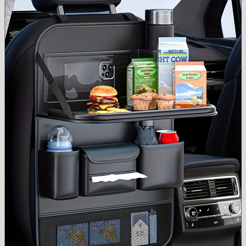 Universal Premium PU Leather Car Seat Back Organizer - Spacious Storage Bag with Back Seat Dining Table, Cup Holder, And Travel Accessories for A Comfortable Ride