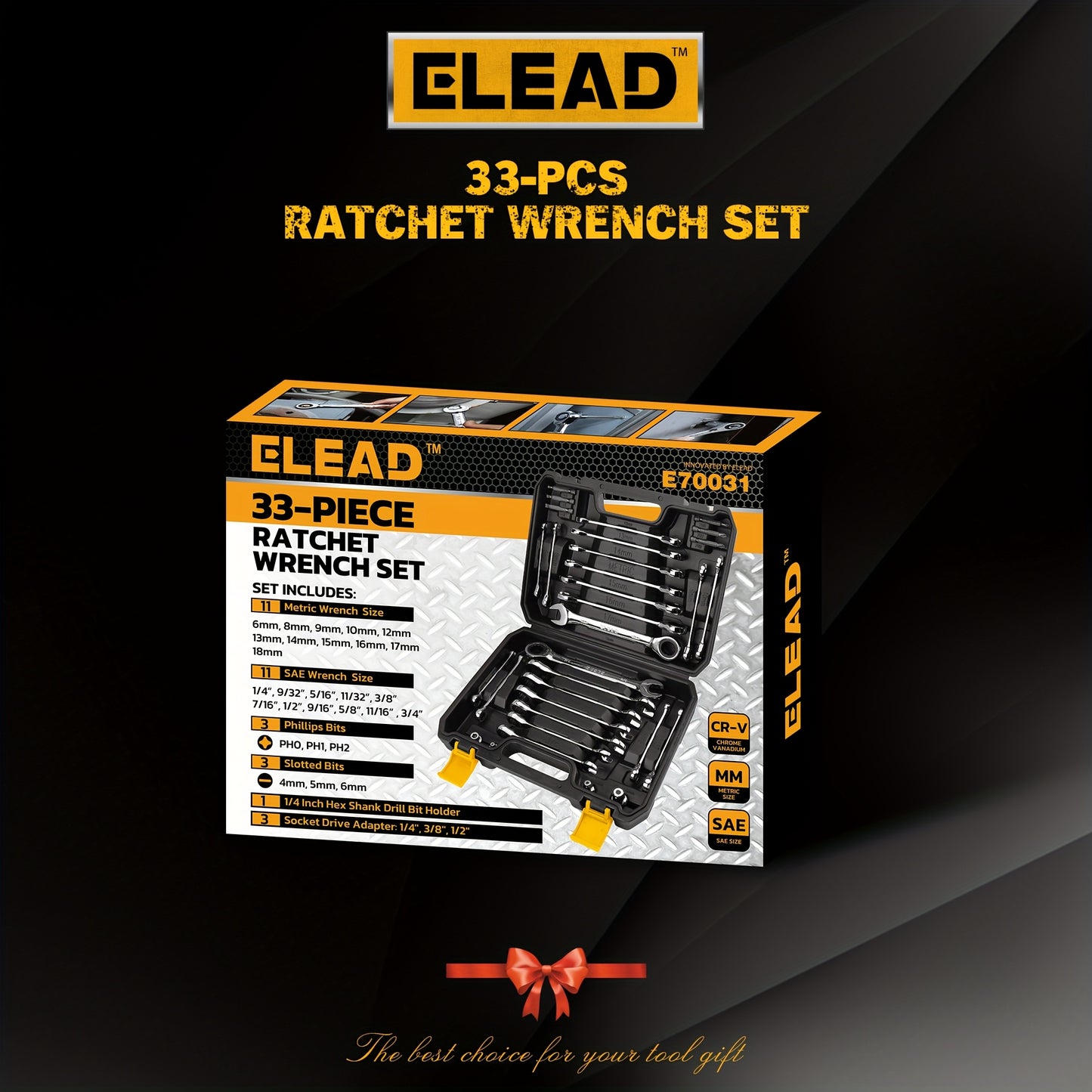 33pcs Combination Ratchet Wrench Set, SAE And Metric Sizes, 72-Tooth Gear Design, CR-V Steel, Adjustable, Manual Operation for Car Maintenance (Includes 22 Ratcheting Wrenches, 4 Adapters, And 6 Screwdriver Bits, And 1 Storage Case)