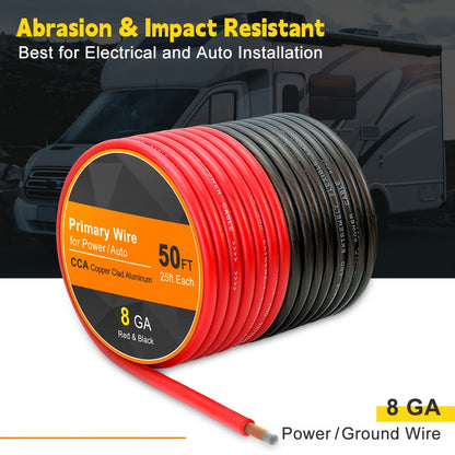 8 Gauge Wire 50ft CCA Wire, (25ft Black+25ft Red) Automotive Wire Car Audio Battery Cable, Power/Ground Wire, Marine, Welding Cable, Electrical Wire Audio Wiring For Speaker Amp car accessories