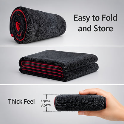2pcs XXL Extra Large Microfiber Drying Towel With Twist Ring Design - Super Absorbent Thickened Technology Suitable For Cars, Trucks, Boats - Red And Gray Detail Cloth, Professional Look | Highly Absorbent Material