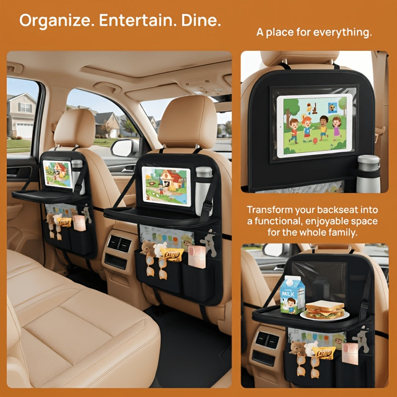 Car Backseat Organizer with Tablet Holder, 6 Storage Pockets Car Storage Organizer with Foldable Food Tray, Protectors Kick Mats Travel Accessories-Black