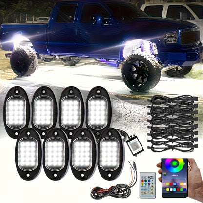 RGB-IC LED Rock Light Kit 4 or 8 Pods, APP & RF Control, Chasing Dream Color Underglow Downlight with Music Mode, 12V for Truck UTV Golf Cart Off-Road Vehicle