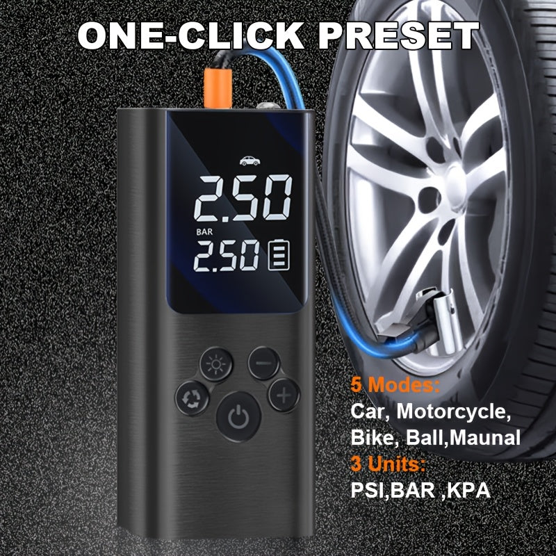 Portable Cordless Tire Inflator with Digital Gauge & LED Light – USB Rechargeable Fast Air Compressor for Car, Bike, Motorcycle & Sports Equipment