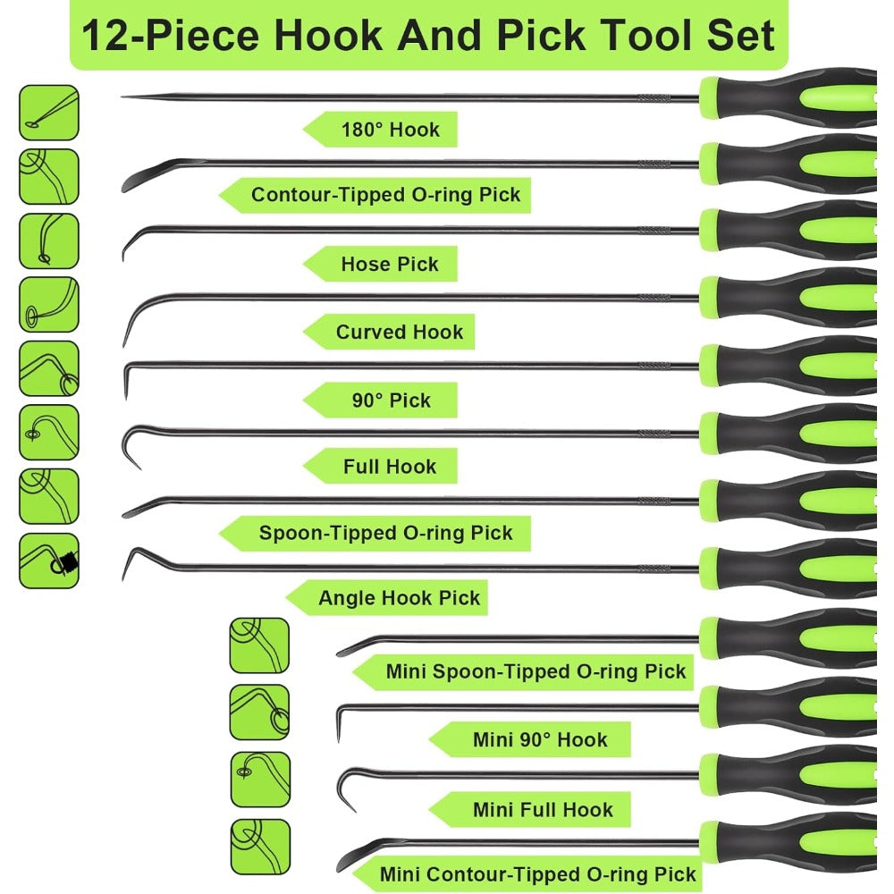 [Auto Hook & Pick Set] 12pcs Automotive Hook and Pick Tool Set, Long & Mini Precision Puller Remover Tool Kit for Auto O-Ring, Seal & Gasket Removal, Mechanic Professional Tools, Car Repair Essentials
