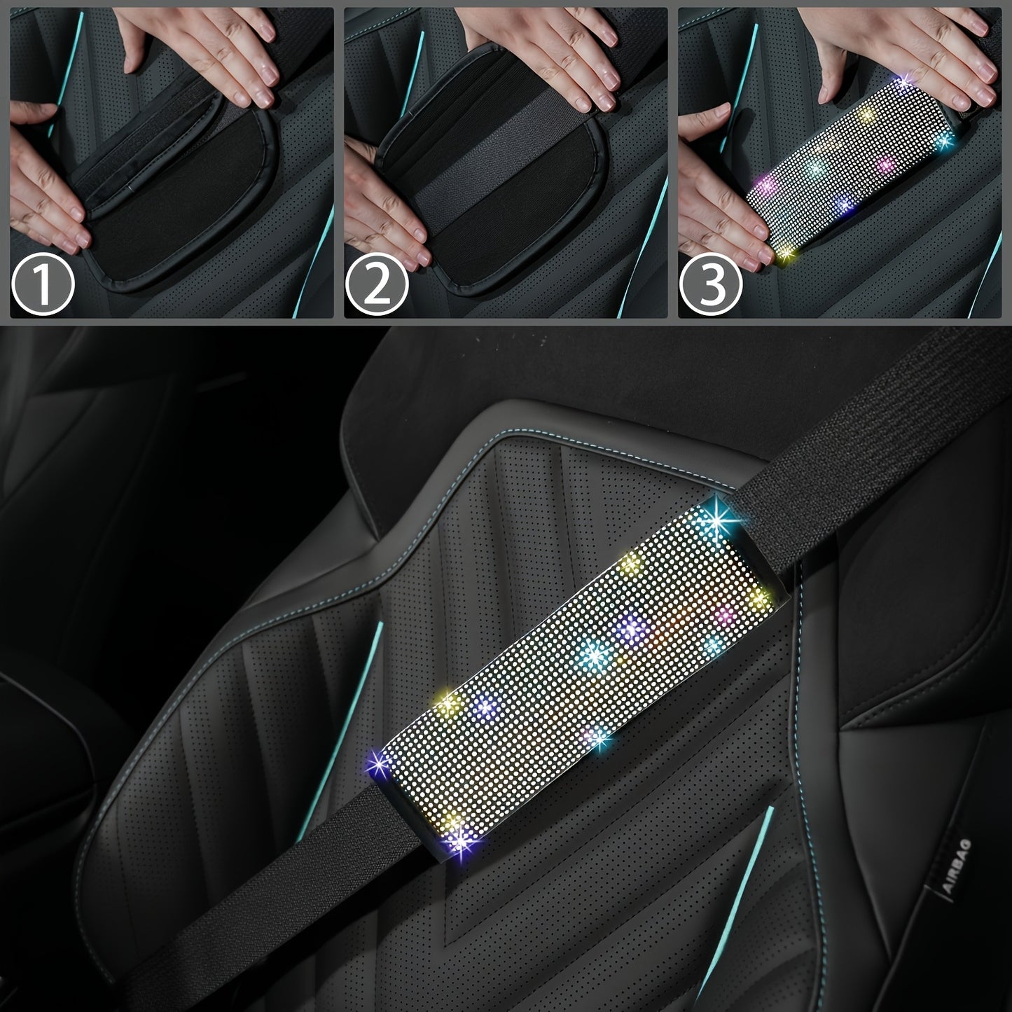 Set of 8 Sparkly Car Additions for Women, Including a Glittery Steering Wheel Cover, Shiny Car Coasters, Belt Shoulder Pads, Ring Emblem Sticker, And Gear Shift Cover